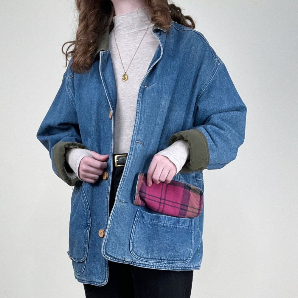 Vintage Denim Barn Coat Field Farm Utility Jean Jacket Oversized Plaid Americana - Picture 3 of 10